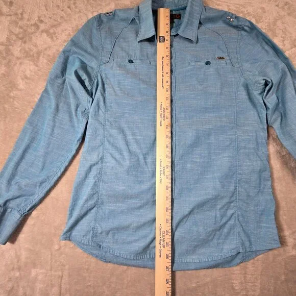 G by Guess Blue Button-Up Shirt Women’s Medium Western Utility Cotton Top - Picture 3 of 11